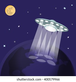 UFO with light beam landing to planet earth, moon, stars. Flying saucer. Alien Spaceship invasion. UFO with aliens landing to earth. Unidentified spaceship abduction of people. Vector illustration
