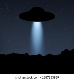 UFO light beam. Vector illustration. Spaceship in the night sky.