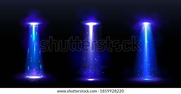 Ufo light beams, glowing rays from alien\
spaceships at night. Vector realistic set of spotlight effect of\
flying saucer illuminated fog and particles. Spacecraft glow beams\
on black background