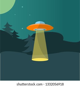 UFO with Light Flying over Forest