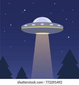 UFO with Light Flying over Forest