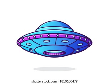 UFO with lights. Alien space ship. Futuristic unidentified flying object. World UFO day symbol. Vector illustration with outline in cartoon style. Clip art Isolated on white background