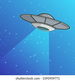 UFO with lights flying on the space background. Vector illustration. Futuristic unknown flying object. Isolated on gradient background
