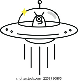 UFO line art with smiling alien. Vector Illustration.