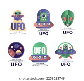 Ufo Logo Design Template with Green Alien and Spaceship Vector Set
