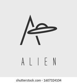 ufo logo A letter and Extraterrestrial alien face or head symbol line art vector icon