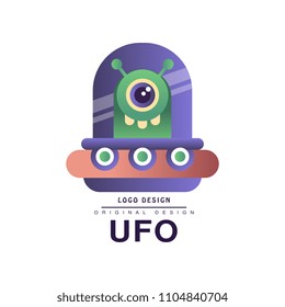 Ufo logo original design, badge with flying saucer vector Illustration on a white background