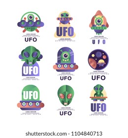 Ufo logo original design set, emblem with alien and saucer vector Illustrations on a white background