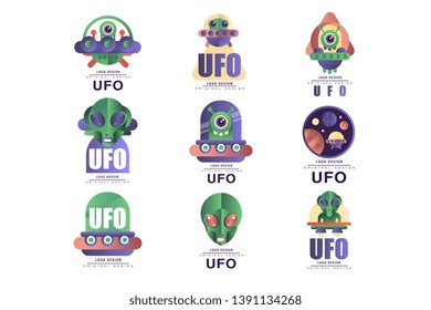 Ufo logo original design set, emblem with alien and saucer vector Illustrations on a white background