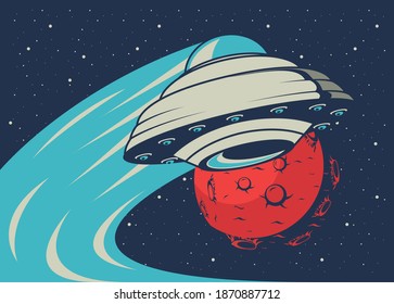 ufo with mars planet in poster vintage style vector illustration design
