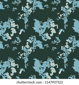 UFO military camouflage seamless pattern in green and different shades of beige and blue colors. Seamless repeat camo pattern, usable as winter camoflauge urban print, abstract background