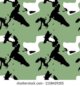 UFO military camouflage seamless pattern in green black and white colors. Seamless repeat camo pattern, spring or summer camoflauge forest print, background, paintball or strikeball