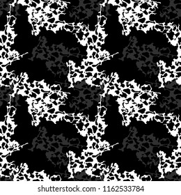 UFO military camouflage seamless pattern in black, grey and white colors. Seamless repeat camo pattern, unusual urban camoflauge, background, paintball or strikeball night disguising print
