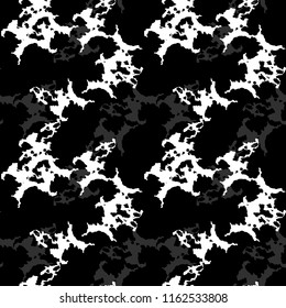 UFO military camouflage seamless pattern in black, grey and white colors. Seamless repeat camo pattern, unusual urban camoflauge, background, paintball or strikeball night disguising print