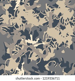 UFO military camouflage seamless pattern in different shades of beige and blue colors. Seamless repeat camo pattern, urban camoflauge, background, paintball or strikeball print