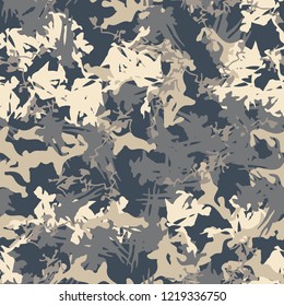 UFO military camouflage seamless pattern in different shades of beige and blue colors. Seamless repeat camo pattern, urban camoflauge, background, paintball or strikeball print
