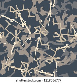 UFO military camouflage seamless pattern in different shades of beige and blue colors. Seamless repeat camo pattern, urban camoflauge, background, paintball or strikeball print