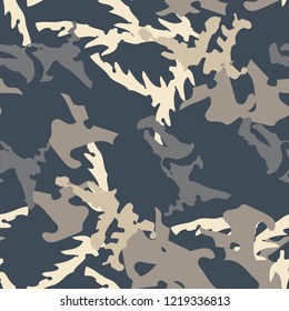 UFO military camouflage seamless pattern in different shades of beige and blue colors. Seamless repeat camo pattern, urban camoflauge, background, paintball or strikeball print