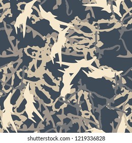 UFO military camouflage seamless pattern in different shades of beige and blue colors. Seamless repeat camo pattern, urban camoflauge, background, paintball or strikeball print