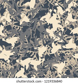 UFO military camouflage seamless pattern in different shades of beige and blue colors. Seamless repeat camo pattern, urban camoflauge, background, paintball or strikeball print