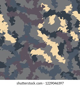 UFO military camouflage seamless pattern in beige, purple and different shades of blue colors. Seamless repeat camo pattern, dark urban camoflauge, background, paintball or strikeball print