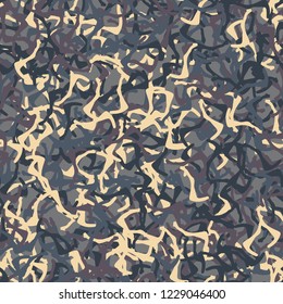 UFO military camouflage seamless pattern in beige, purple and different shades of blue colors. Seamless repeat camo pattern, dark urban camoflauge, background, paintball or strikeball print