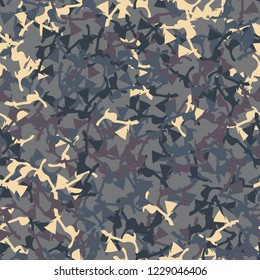 UFO military camouflage seamless pattern in beige, purple and different shades of blue colors. Seamless repeat camo pattern, dark urban camoflauge, background, paintball or strikeball print
