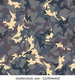 UFO military camouflage seamless pattern in beige, purple and different shades of blue colors. Seamless repeat camo pattern, dark urban camoflauge, background, paintball or strikeball print