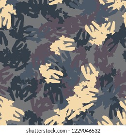 UFO military camouflage seamless pattern in beige, purple and different shades of blue colors. Seamless repeat camo pattern, dark urban camoflauge, background, paintball or strikeball print