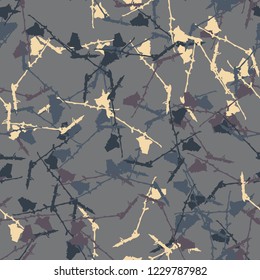 UFO military camouflage seamless pattern in beige, purple and different shades of blue colors. Seamless repeat camo pattern, dark urban camoflauge, background, paintball or strikeball print