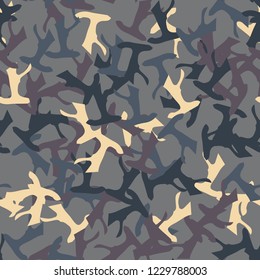 UFO military camouflage seamless pattern in beige, purple and different shades of blue colors. Seamless repeat camo pattern, dark urban camoflauge, background, paintball or strikeball print