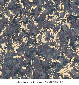 UFO military camouflage seamless pattern in beige, purple and different shades of blue colors. Seamless repeat camo pattern, dark urban camoflauge, background, paintball or strikeball print