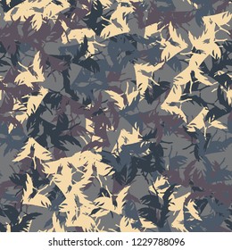 UFO military camouflage seamless pattern in beige, purple and different shades of blue colors. Seamless repeat camo pattern, dark urban camoflauge, background, paintball or strikeball print