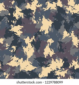 UFO military camouflage seamless pattern in beige, purple and different shades of blue colors. Seamless repeat camo pattern, dark urban camoflauge, background, paintball or strikeball print