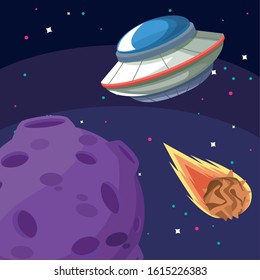 Ilustración vectorial de la exploración espacial de la luna y los asteroides en caída
