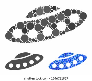 UFO mosaic of round dots in variable sizes and shades, based on UFO icon. Vector round dots are composed into blue collage. Dotted UFO icon in usual and blue versions.
