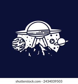 Ufo with mountain monoline vintage outdoor badge design