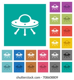 UFO multi colored flat icons on plain square backgrounds. Included white and darker icon variations for hover or active effects.