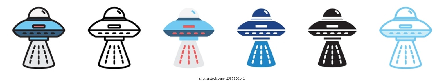 UFO multi style, mini illustration icon set. outline, flat, glyph, line color, UI, UX, app and web, digital or print. vector EPS 10 related to education, technology, space and galaxy.