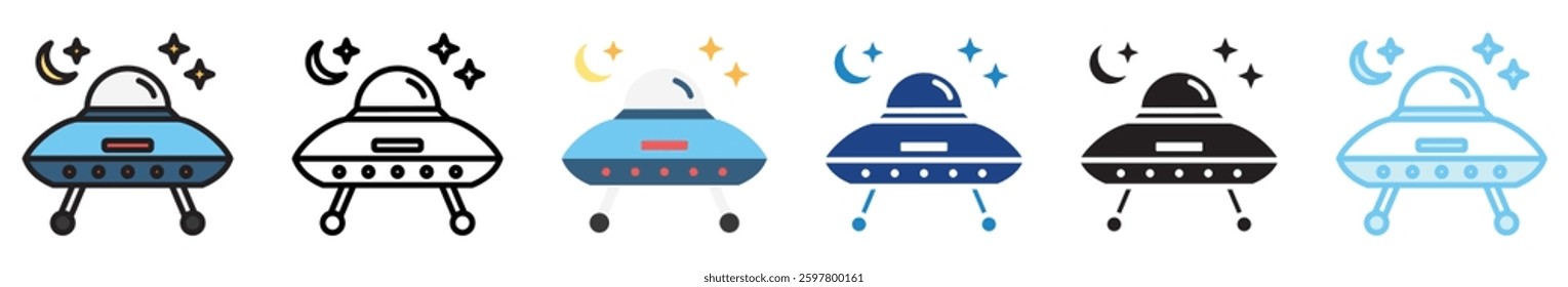 UFO multi style, mini illustration icon set. outline, flat, glyph, line color, UI, UX, app and web, digital or print. vector EPS 10 related to education, technology, space and galaxy.
