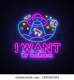 UFO neon sign vector design template. Aliens neon logo, light banner design element colorful modern design trend, night bright advertising, bright sign. Vector illustration