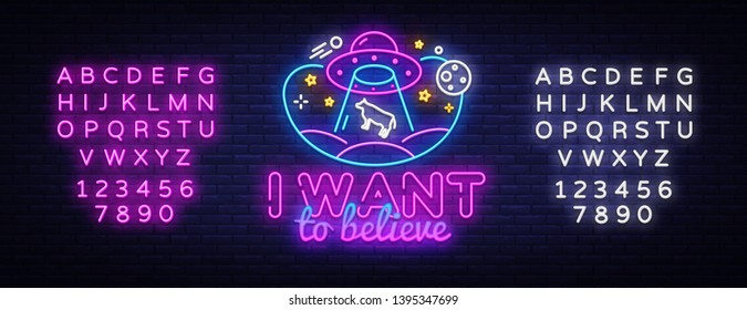 UFO neon sign vector design template. Aliens neon logo, light banner design element colorful modern design trend, night bright advertising, bright sign. Vector illustration. Editing text neon sign
