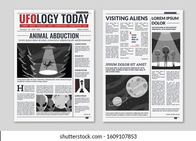 UFO newspaper. Newspaper columns with text, media news headlines extraterrestrial civilizations and aliens article, publication layout vector information concept