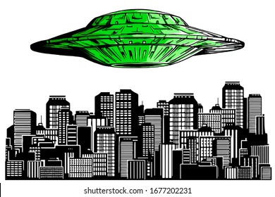 Ufo at night city alien spaceship flying above skyscraper 