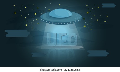 UFO at night hovered over the letters illuminating them, a flat illustration for the design
