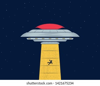 Ufo in the night sky abducts man. Flying saucer. Vector illustration