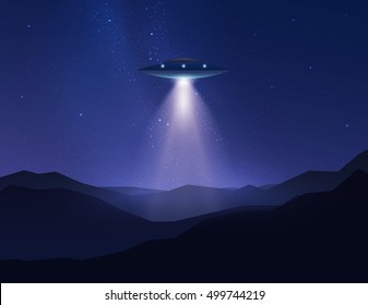 UFO In Night Sky Over Mountain Emits Light Beam. Vector Illustration.