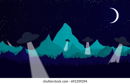 UFO on the background of the forest and mountains