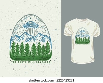 Ufo on the forest vintage t-shirt design