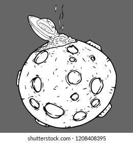 UFO on the planet icon. Vector illustration of a UFO crash in space. Hand drawn cartoon ufo on the moon.